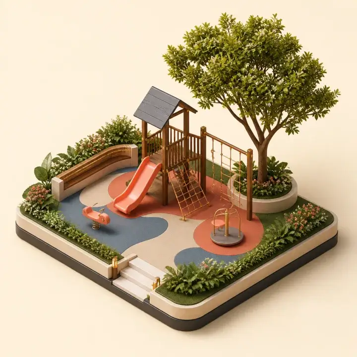 Landscaped children's play garden with a slide, climbing frame and shaded seating
