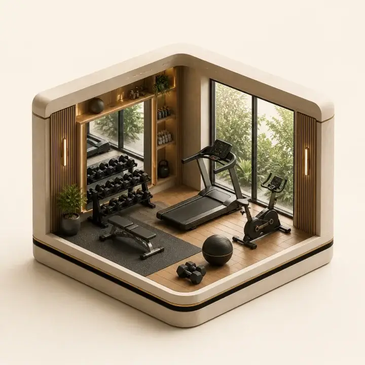Residential fitness studio with cardio equipment, free weights and garden-facing windows