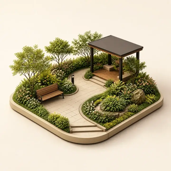 Landscaped walking garden with a curved path, shaded bench and planted pavilion