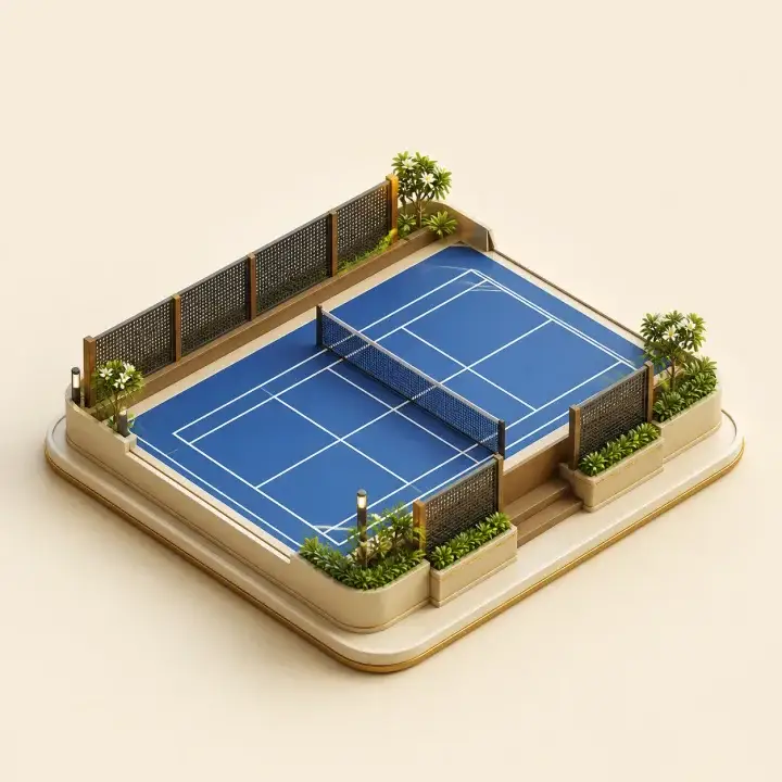 Blue multipurpose residential sports court with a central net and landscaped perimeter