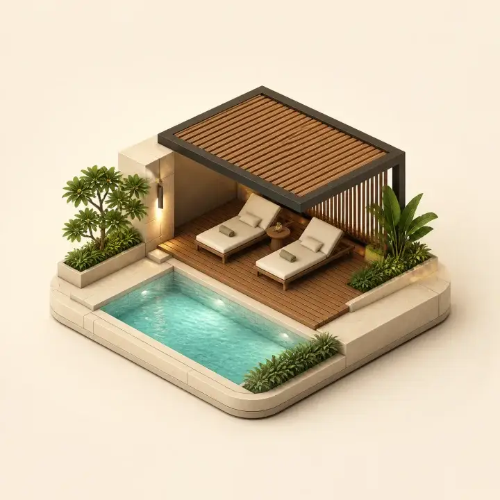 Residential swimming pool with a shaded timber deck, loungers and planted edges