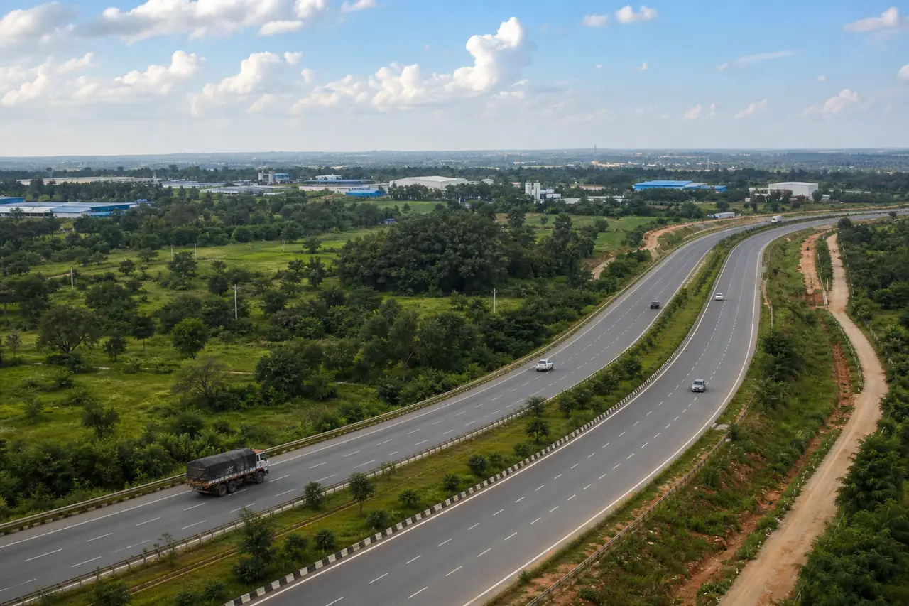 Divided highway through a green rural-industrial landscape