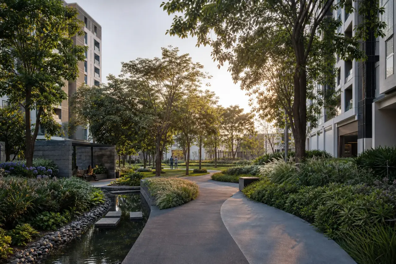 Landscaped courtyard with walking paths, shaded seating and a narrow water garden