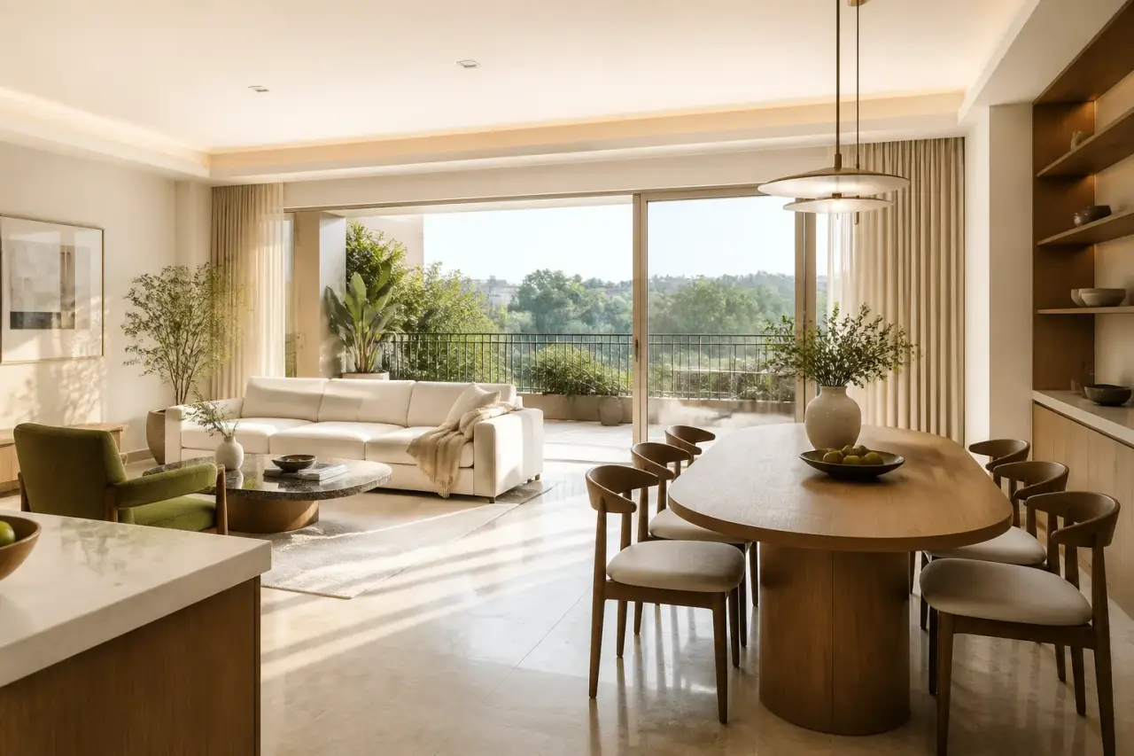 Sunlit living and dining room with warm timber finishes and garden-facing glazing