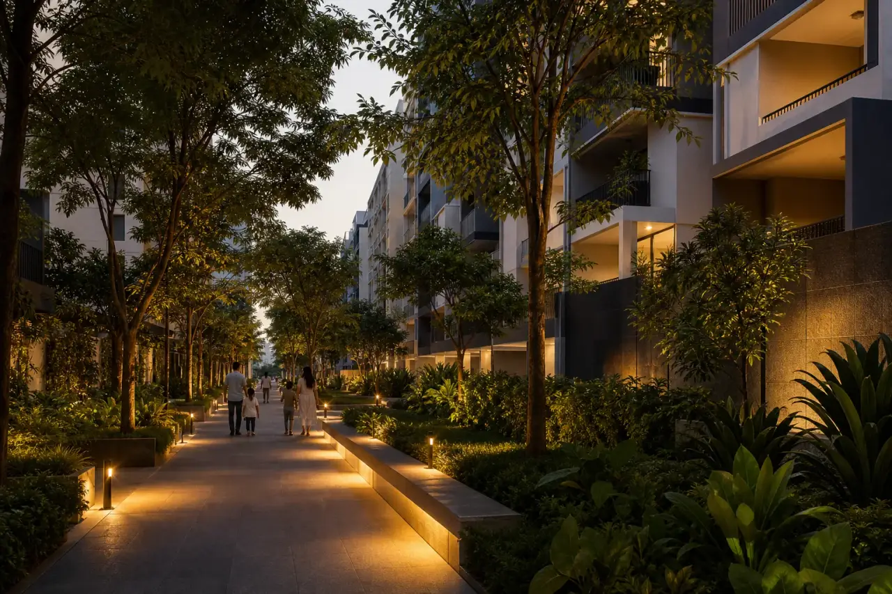 Tree-lined pedestrian promenade between contemporary residential buildings at dusk